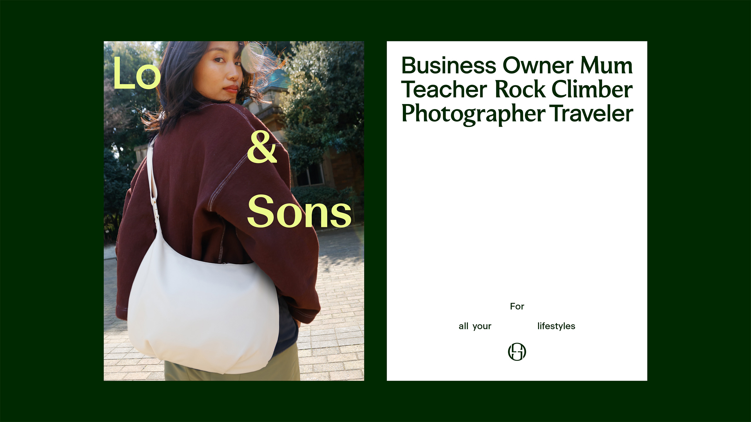 Front and Back of a vertical postcard with a full color image and Lo & Sons logo on one side and "Business Owner Mum Teacher Rock Climber Photographer Traveler" with the tagline "For all your lifestyles" and the Lo & Sons symbol on the other side