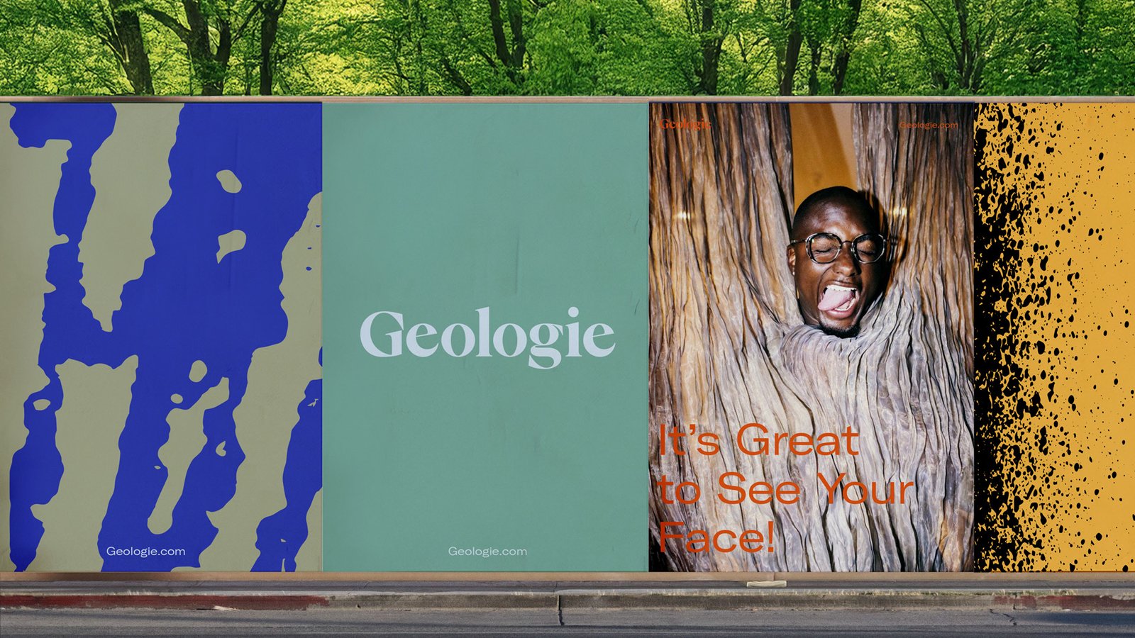 Wild posting with examples of Geologie brand elements in use