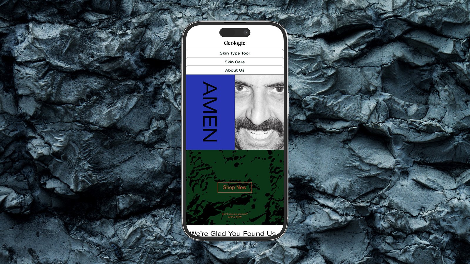 Geologie Men's Skincare mobile website example with a black textured rock background